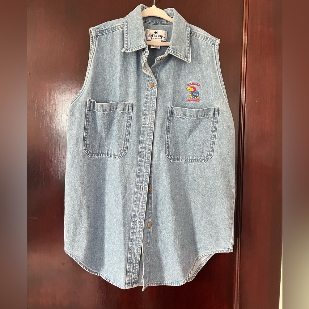 Antigua Light Blue Denim Sleeveless Shirt with Embroidered KU logo